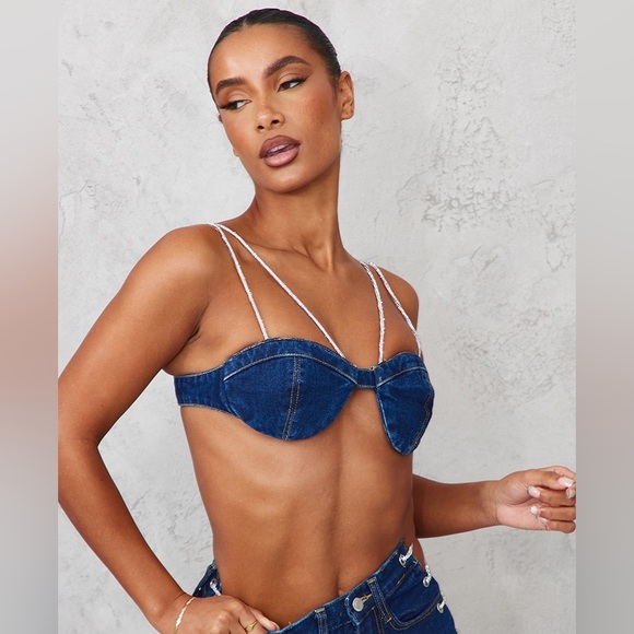 DARK BLUE WASH DIAMANTÉ STRAP DENIM BRALETTE - Picture 1 of 4